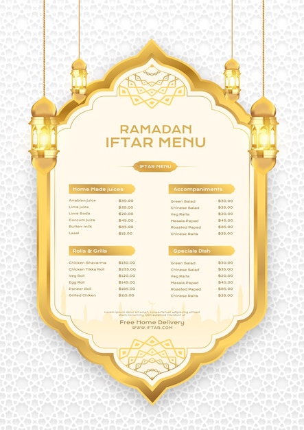 islamico ramadan kareem menu di cibo di lusso design falce di luna dorata e sfondo di lanterne