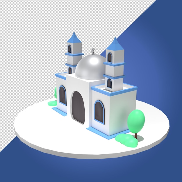 Islamische 3D-Moschee mit silberner Kuppel und Mondsichel