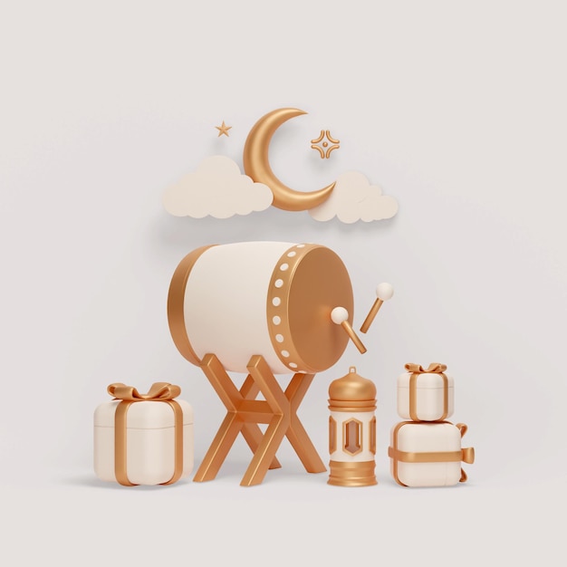PSD islamische display-dekoration mit bettug-laternenhalbmond und geschenkbox-illustration