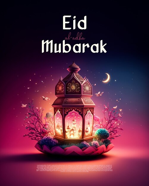 PSD islamische grüße social-media-beitrag eid al adha mubarak 3d-cartoon-stil generative ki