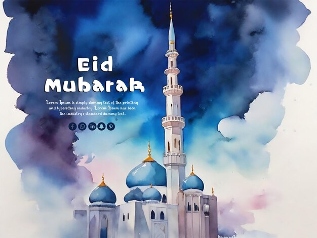 Islamische moschee eid mubarak ramadan kareem kreative aquarell-psd-hintergrund mit bearbeitbarem text