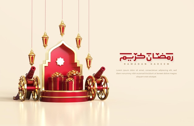 Islamische Ramadan-Grüße, Komposition mit arabischer 3D-Laterne, traditioneller Kanone und Geschenkbox auf rundem Podium