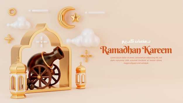 Islamische ramadan-grußkomposition mit 3d-laterne und rundem podium mit moscheeschmuck