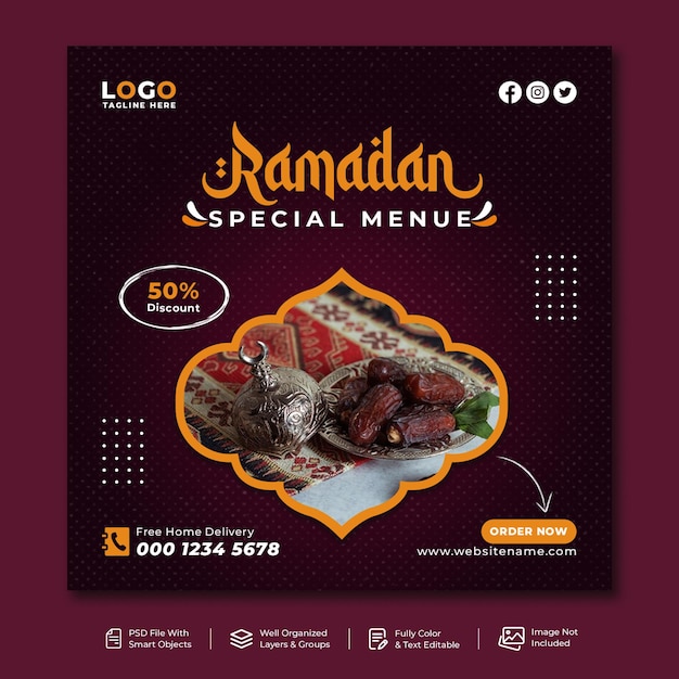 Islamische ramadan kareem food iftar party social media post banner design premium psd-vorlage