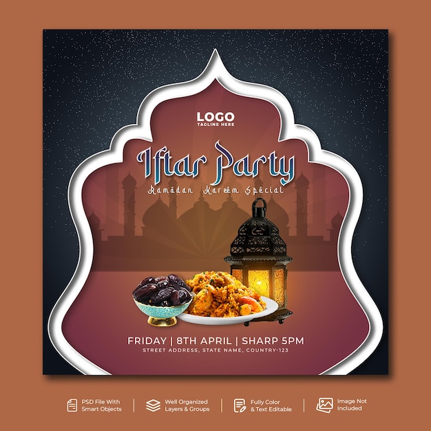 PSD islamische ramadan kareem food iftar party social media post banner design premium psd-vorlage