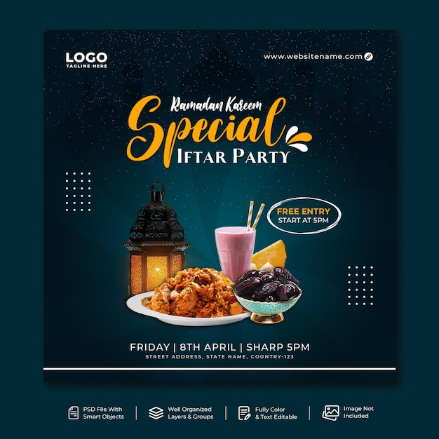 PSD islamische ramadan kareem food iftar party social media post banner design premium psd-vorlage