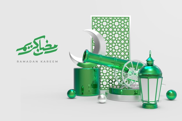 Islamischer Ramadan-Grußhintergrund mit 3D-arabischem Laternenhalbmond und Ramadan-Kanone