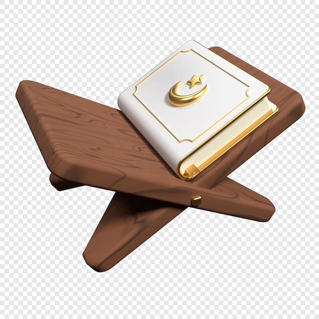 Islamisches goldenes Buch des heiligen Qur'an mit Stand-Symbol Goldene Heilige Qur'an Ramadan-Ikonen 3D-Rendering