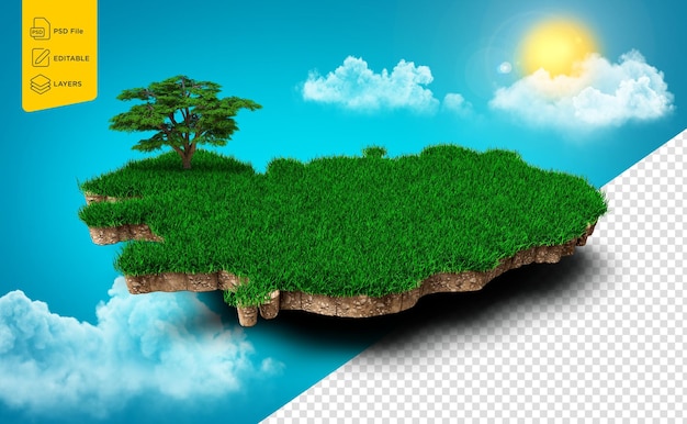 Island Karte Boden Geologie Querschnitt mit grünem Gras und Fels Boden Textur 3D-Illustration