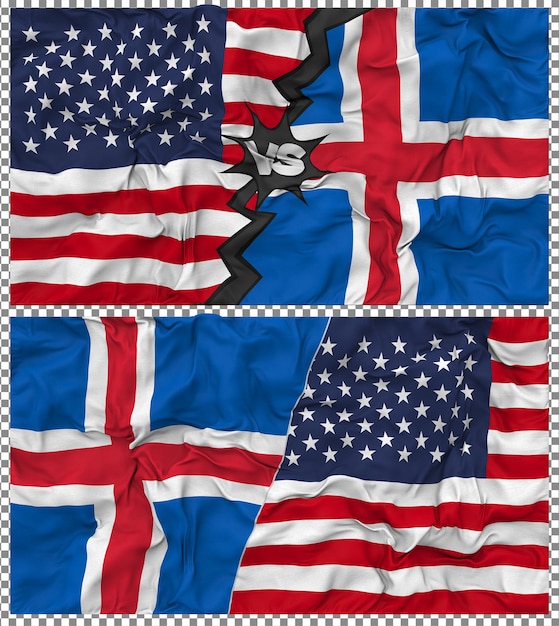 Islanda vs Stati Uniti Half Combined Flag Cloth Bump Texture Relazione bilaterale Rendering 3D