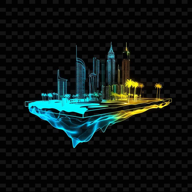 PSD islas artificiales de neón radiante dentro de una silueta ilustración rectangular diseños de paisajes naturales