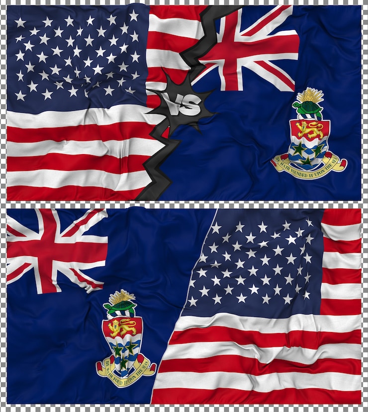 PSD islas caimán contra estados unidos media combinación bandera tela golpe textura relación bilateral renderización en 3d