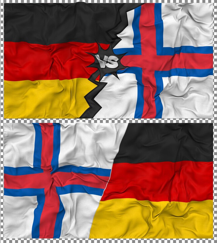 PSD islas feroe contra alemania media bandera combinada tejido bump textura renderizado en 3d