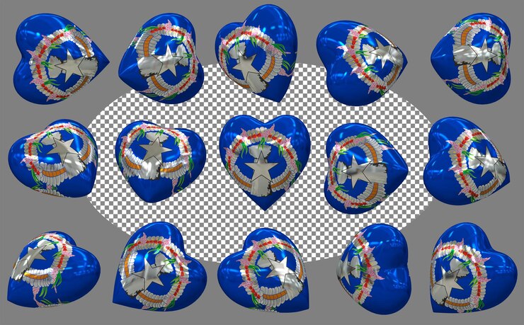 PSD islas marianas del norte 3d bandera del corazón aislada en diferentes posiciones renderización 3d