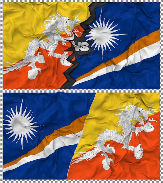 Islas Marshall contra Bután Media bandera combinada con textura 3D de la tela