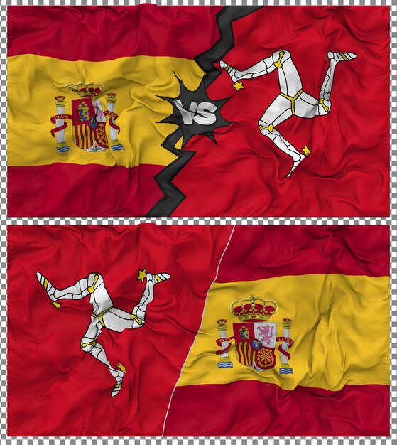 Isle of Man gegen Spanien Halbkombinierte Flagge Stoff Bump Textur 3D-Rendering