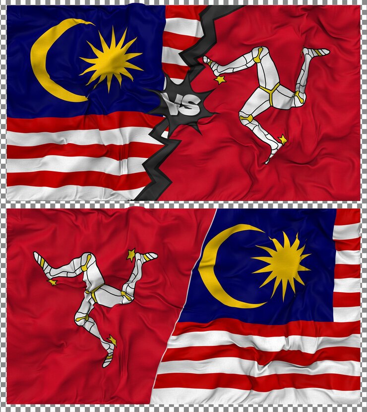 PSD isle of man vs malaysia half combined flag cloth bump texture 3d rendering