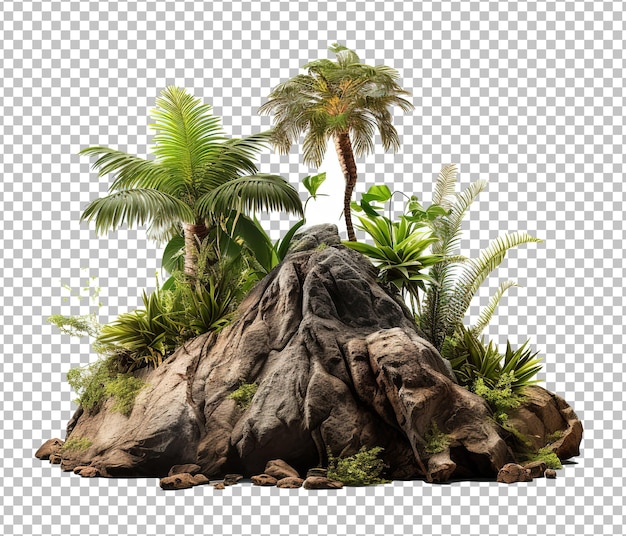 Isola con palme su sfondo bianco Alberi tagliati e cespugli verdi Rocce forestali png