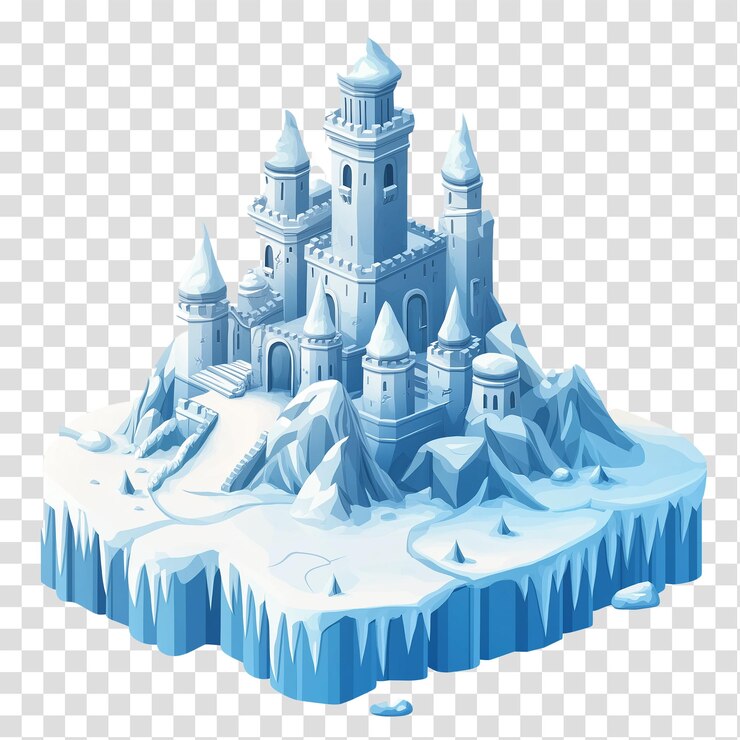 PSD isola di ghiaccio con castello coperto di neve su uno sfondo trasparente