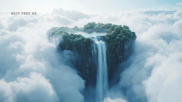 PSD isola galleggiante con vegetazione lussureggiante e cascata che cade nelle nuvole