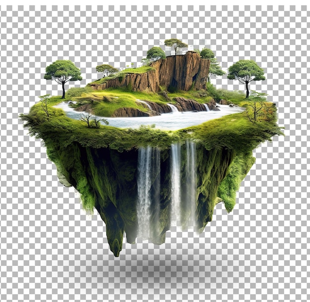 isola volante con bellissimo paesaggio erba verde e cascate montagne illustrazione 3d isola