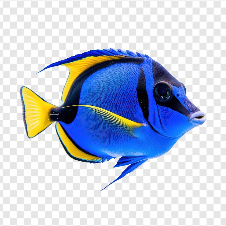 PSD isolado de peixe tang regal azul em fundo transparente