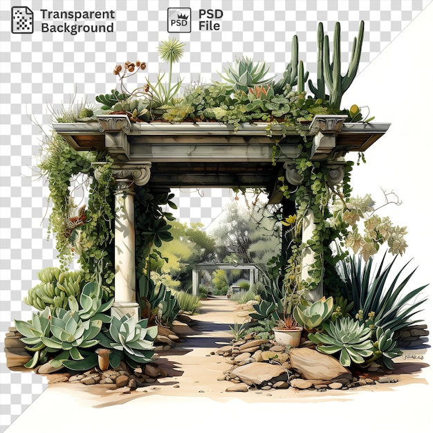 PSD isolado fotográfico realista botânicos jardim botânico com uma variedade de plantas e flores, incluindo um cacto verde vaso branco e planta verde definido contra um céu branco