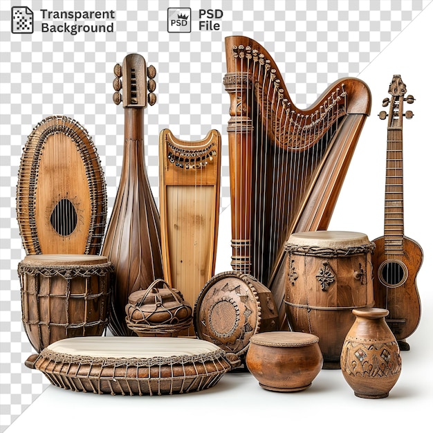 Isolado fotográfico realista etnomusicólogos instrumentos tradicionais exibidos em uma parede branca com um vaso marrom uma guitarra marrom e de madeira e um buraco redondo