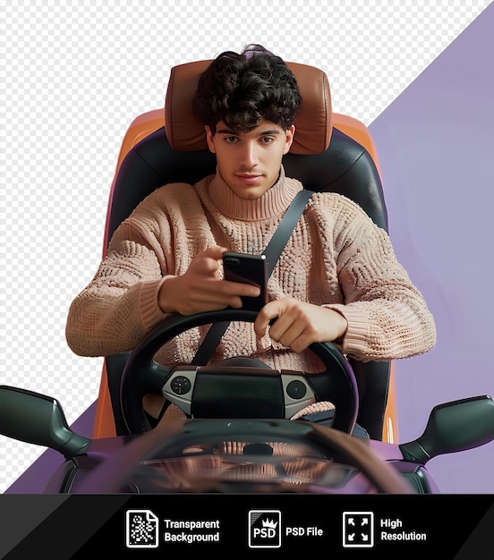 PSD isolado jovem bonito homem de cabelos escuros segurando um telefone e dirigindo um carro png