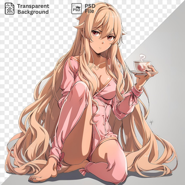 PSD isolado oshino shinobu da série monogatari segurando um copo de água com uma perna rosa e cabelo longo visível em primeiro plano contra uma parede branca com um