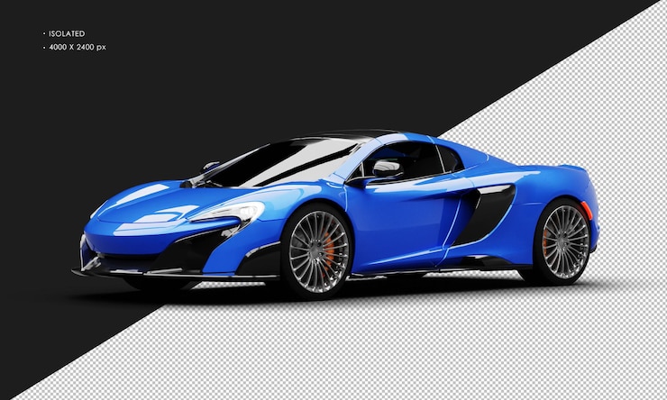 PSD isolado realista azul metálico exclusivo motor turbo hiper deportivo desde la vista delantera izquierda