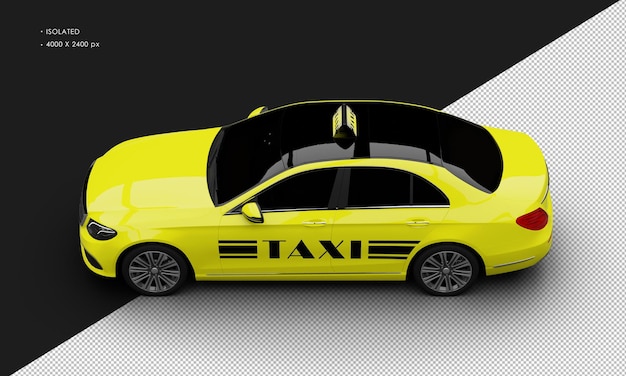 PSD isolado, realista, brilhante, amarelo metálico, carro de táxi de luxo, da vista superior esquerda