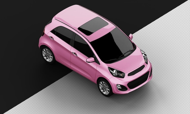 Isolado realista brilhante metálico rosa pequeno mini carro urbano da vista frontal superior direita