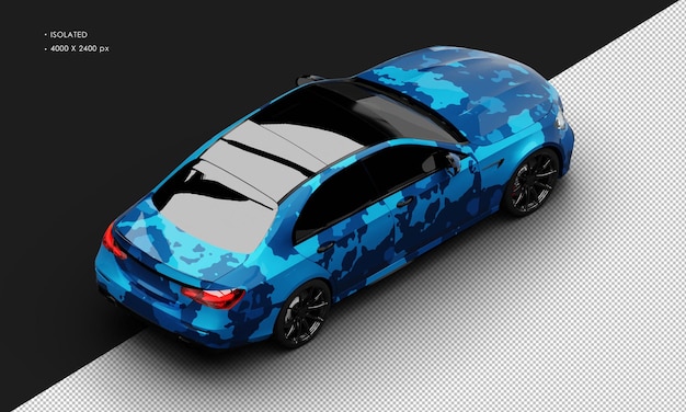 Isolado Realista Camuflaje Azul Metálico Moderno Súper Coche Sedán Desde la parte superior derecha trasera