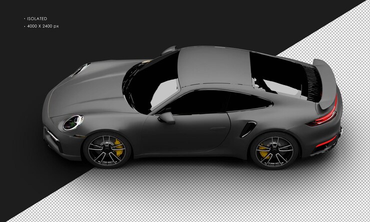 PSD isolado realista mate negro legendario coupe super sport car desde la vista superior izquierda