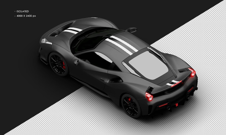 PSD isolado realista matte negro twin turbo super sport car desde la parte superior izquierda de la vista trasera