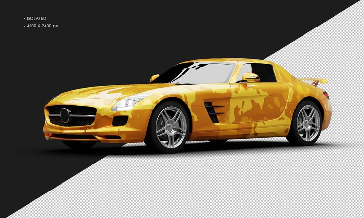 PSD isolado realista metálico amarillo camuflaje eléctrico moderno supercoche deportivo desde el frente izquierdo
