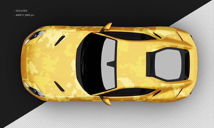 PSD isolado realista metálico amarillo camuflaje grand tourer súper coche desde arriba