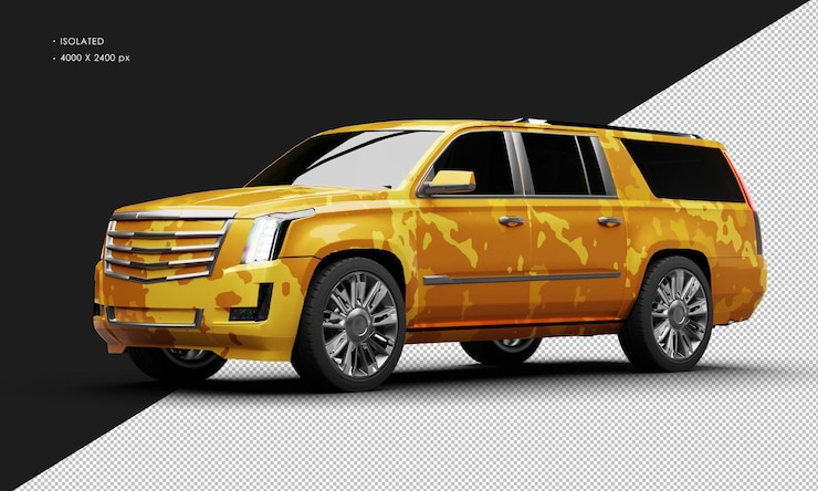 PSD isolado realista metálico amarillo camuflaje de lujo elegante ciudad suv coche izquierdo delantero