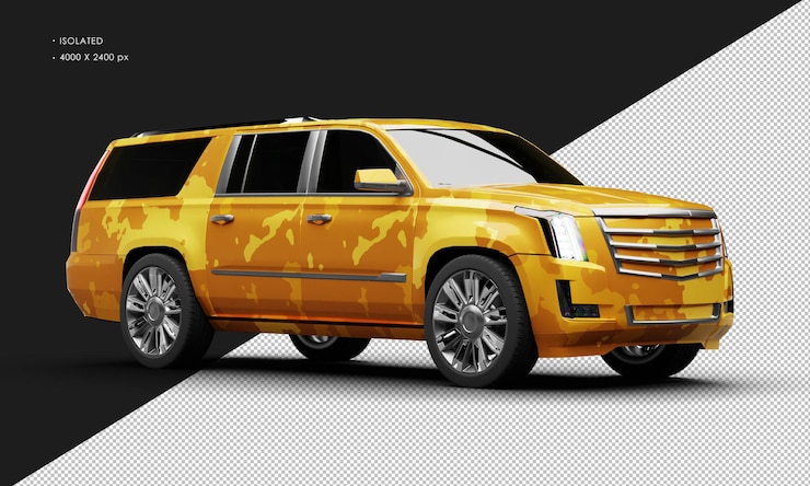 PSD isolado realista metálico amarillo camuflaje de lujo elegante suv de la ciudad delantera derecha