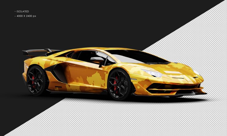 PSD isolado realista metálico amarillo camuflaje moderno ultra deportivo supercoche delantera derecha