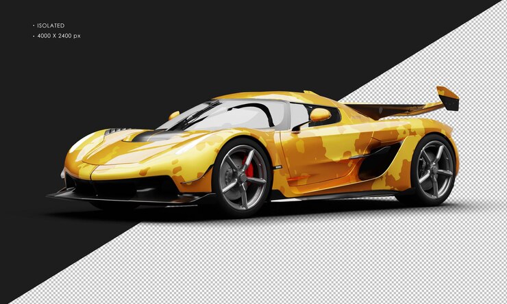 PSD isolado realista metálico amarillo camuflaje motor medio hiper deportivo delantero izquierdo