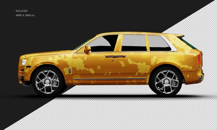 PSD isolado realista metálico amarillo camuflaje tamaño completo lujoso suv de la ciudad desde el lado izquierdo