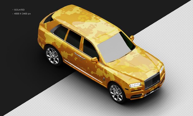 Isolado realista metálico amarillo camuflaje tamaño completo lujoso SUV de la ciudad desde la parte superior derecha delantero
