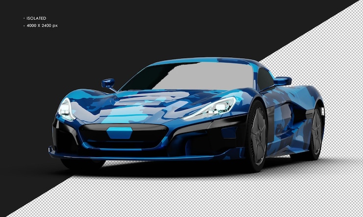 PSD isolado realista metálico azul camuflaje hiper carreras deportivo supercoche desde el ángulo delantero izquierdo