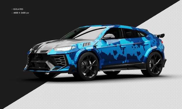 Isolado realista metálico azul camuflaje motor gemelo Super SUV desde el frente izquierdo