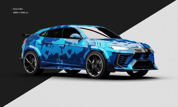 Isolado realista metálico azul camuflaje motor turbo super SUV desde el frente derecho
