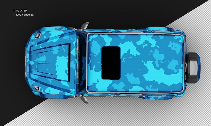 PSD isolado realista metálico azul camuflaje turbo cuatro ruedas de tracción de lujo suv tapa de coche
