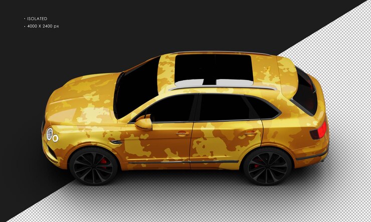 PSD isolado realista metálico camuflaje amarillo de lujo de alto rendimiento suv coche arriba a la izquierda