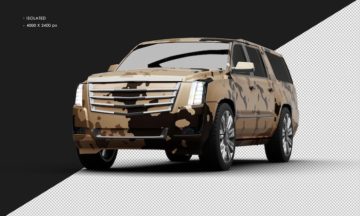 PSD isolado realista metálico camuflaje de arena del desierto de lujo elegante ciudad suv coche ángulo delantero izquierdo